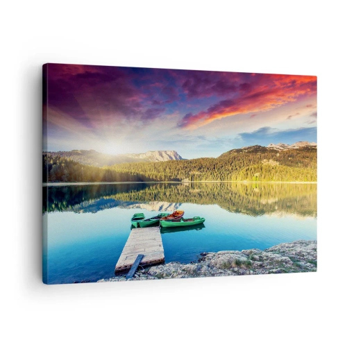 Quadro em tela - Pôr do sol sobre o lago com barcos no píer - 70x50cm - Sobre a água tão lisa como um espelho - Decoração de parede moderna para a sala de estar e quarto ARTTOR