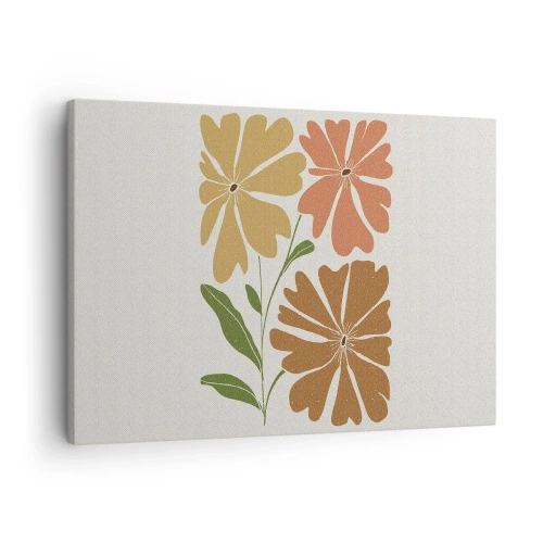 Quadro em tela - Três flores em cores quentes sobre fundo claro - 70x50cm - Natureza e geometria - Decoração de parede moderna para a sala de estar e quarto ARTTOR