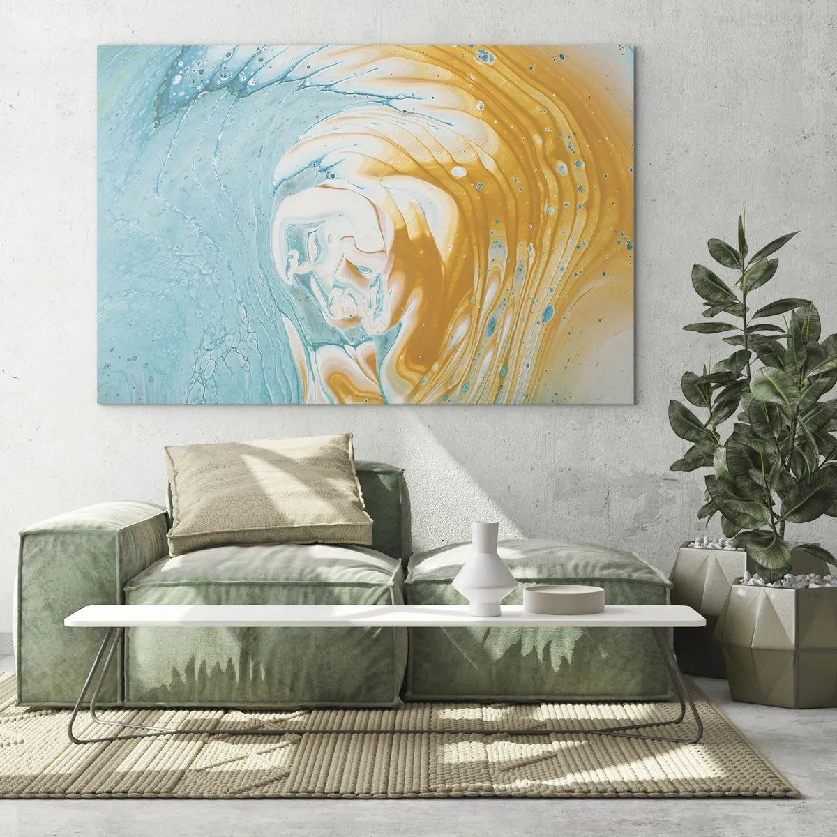 Quadro em vidro - Redemoinho pastel em cores azul e amarelo - 70x50cm - Vórtice em pastel - Decoração de parede moderna para a sala de estar e quarto ARTTOR