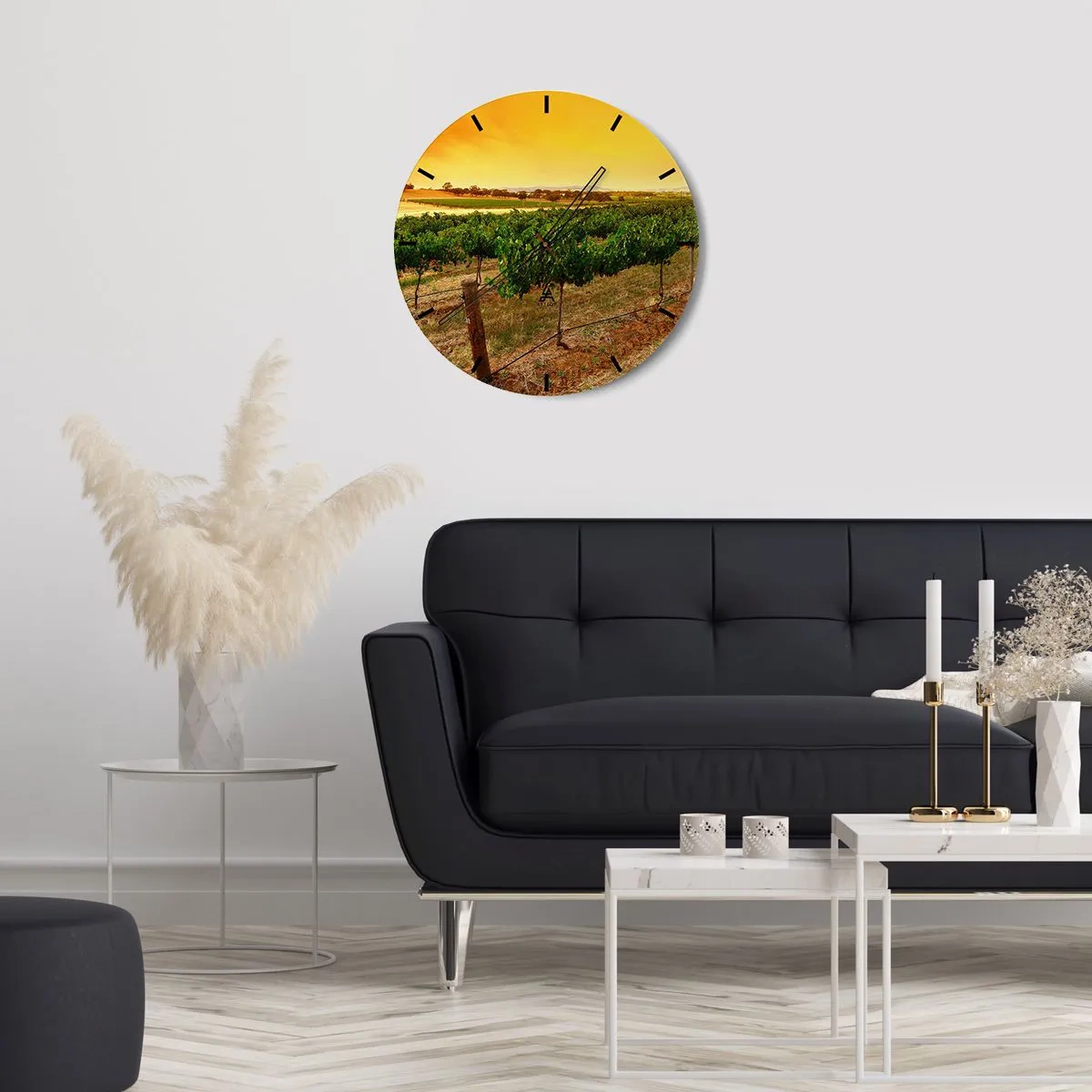 Relógio de parede - Relógio em vidro - Paisagem de vinhedos ao pôr do sol - 30x30cm - Sede de sol - Decoração de parede moderna para a sala de estar, cozinha e quarto ARTTOR