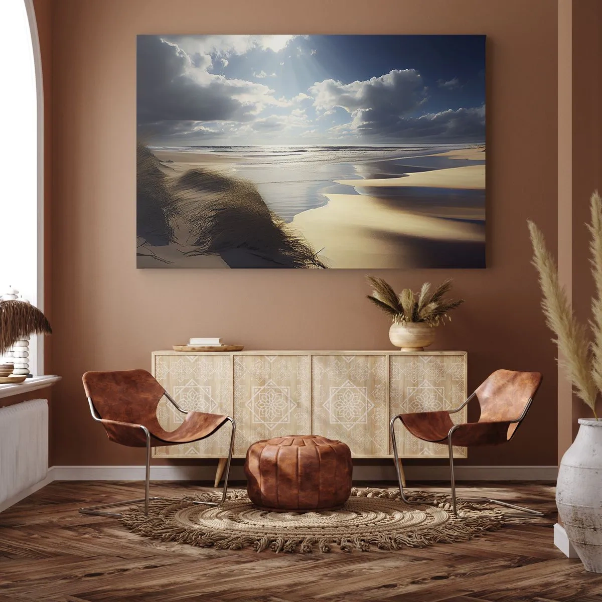 Quadro em tela - Uma praia selvagem com dunas e céu azul - 70x50cm - Praia, praia selvagem - Decoração de parede moderna para a sala de estar e quarto ARTTOR