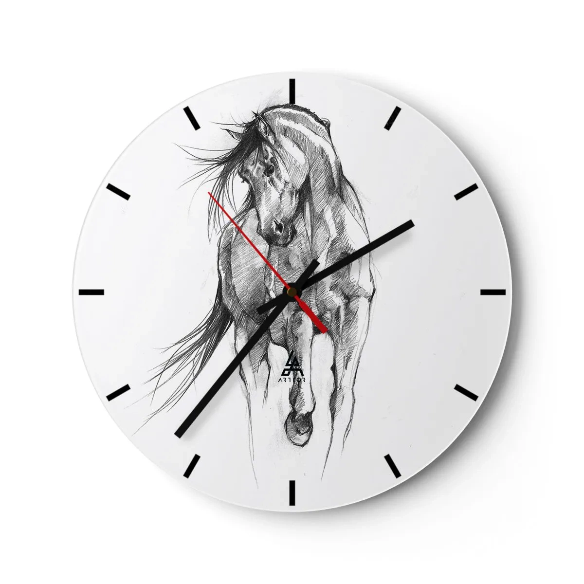 Relógio de parede - Relógio em vidro - Um esboço a lápis de um cavalo galopando em um fundo branco. - 30x30cm - Num trote gracioso - Decoração de parede moderna para a sala de estar, cozinha e quarto ARTTOR