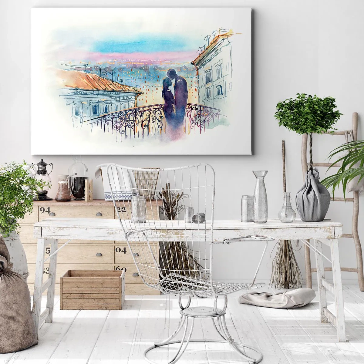 Quadro em tela - Casal romântico em uma varanda com vista para a cidade - 70x50cm - Amantes parisienses - Decoração de parede moderna para a sala de estar e quarto ARTTOR
