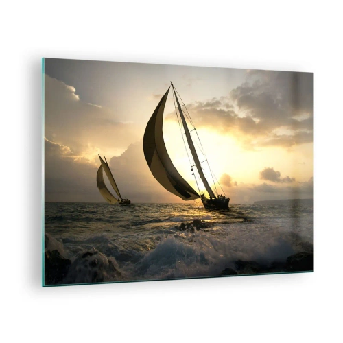 Quadro em vidro - Veleiros em um mar tempestuoso durante o pôr do sol - 70x50cm - Com o vento e contra o vento - Decoração de parede moderna para a sala de estar e quarto ARTTOR