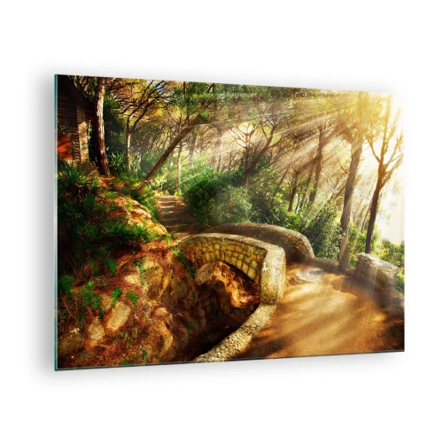 Quadro em vidro - Raios de sol iluminando a ponte e o caminho da floresta - 70x50cm - Direto da ponte para a floresta de contos de fadas - Decoração de parede moderna para a sala de estar e quarto ARTTOR