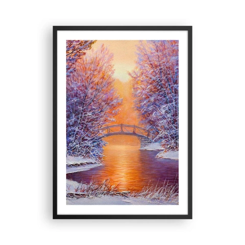 Pôster com moldura preta - Paisagem de inverno com uma ponte e o pôr do sol refletido no rio - 50x70cm - Vamos nos encontrar aqui - Decoração de parede moderna para a sala de estar e quarto ARTTOR