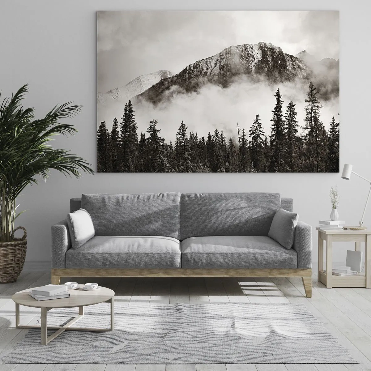 Quadro em vidro - Paisagem montanhosa com floresta e neblina em tons sépia - 70x50cm - O soberano de granito - Decoração de parede moderna para a sala de estar e quarto ARTTOR