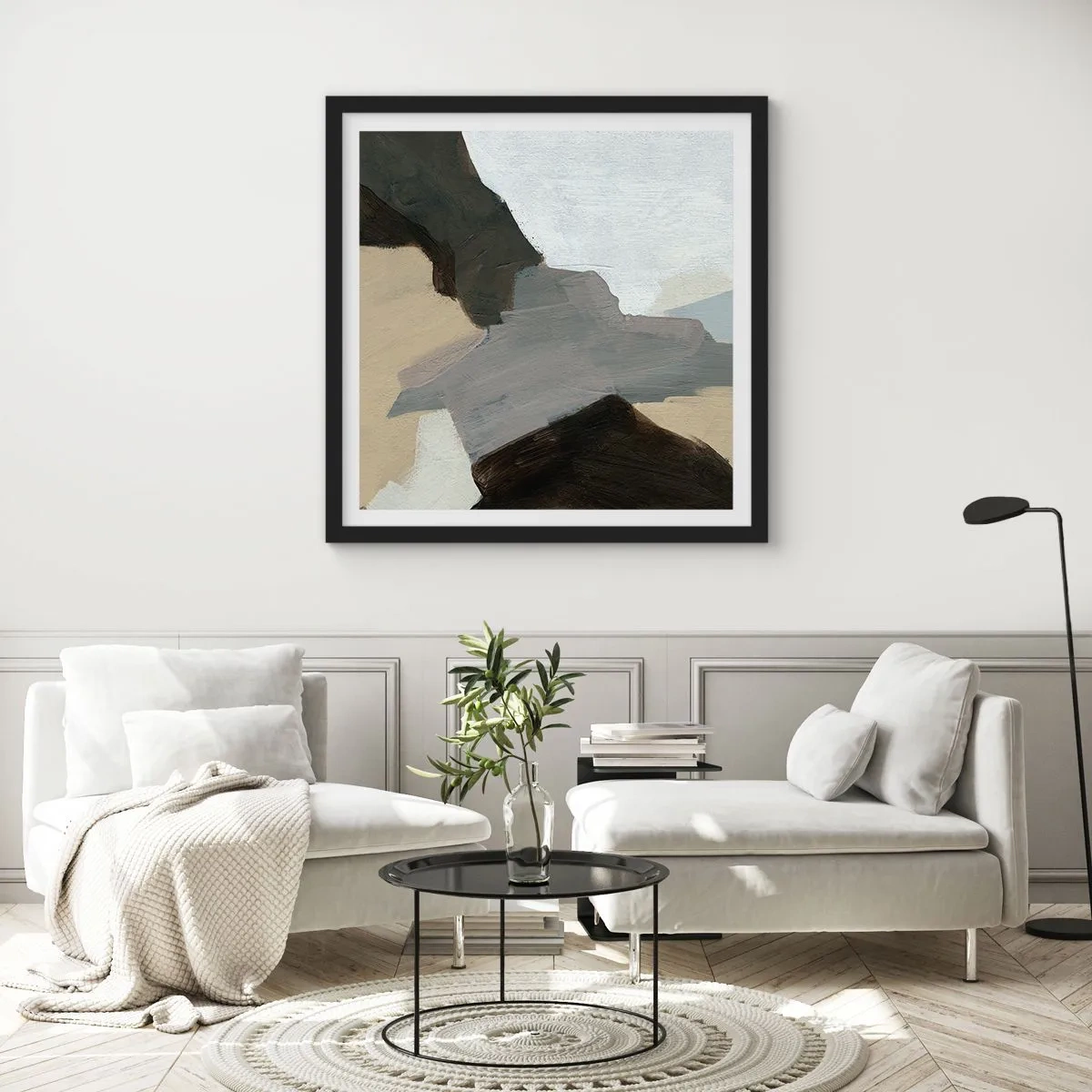 Pôster com moldura preta - Abstração: a encruzilhada do cinza - 40x40 cm