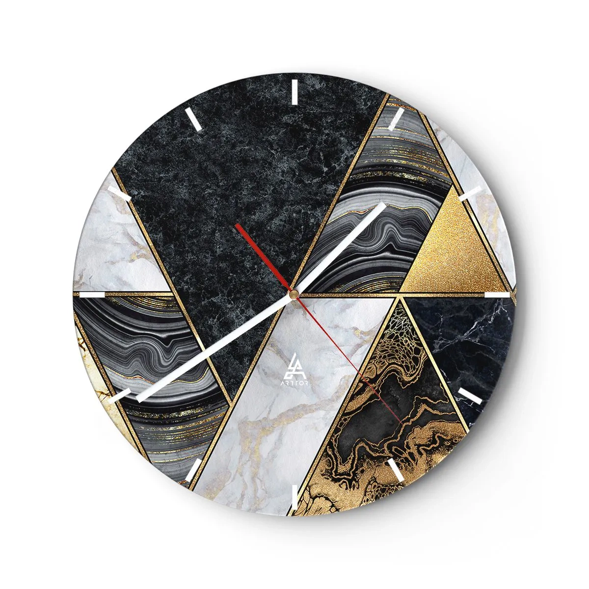 Relógio de parede - Relógio em vidro - Triângulos de ouro e mármore em um mosaico geométrico - 30x30cm - Pedra por pedra - Decoração de parede moderna para a sala de estar, cozinha e quarto ARTTOR