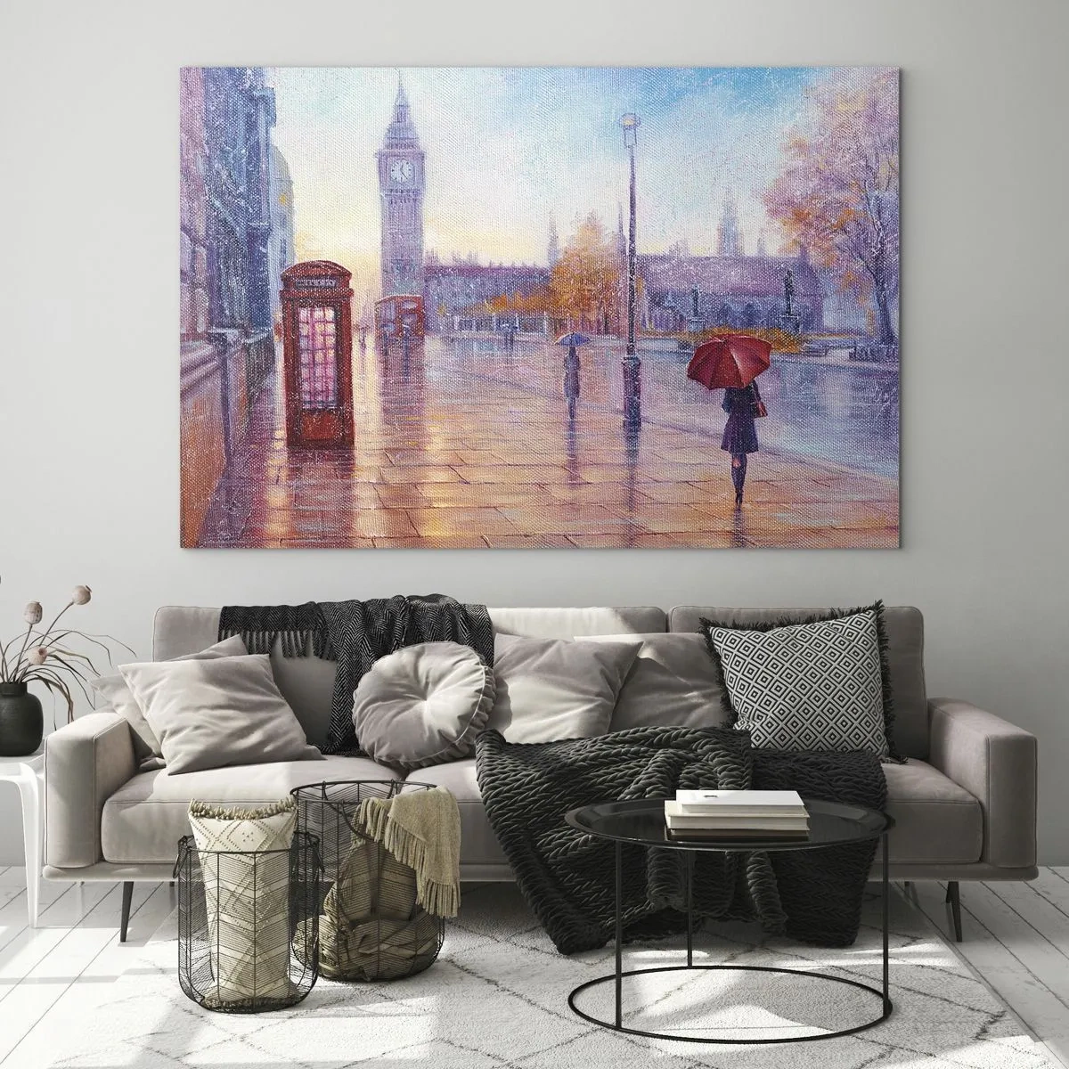 Quadro em vidro - Cena de Londres na chuva com o Big Ben e a caixa vermelha - 70x50cm - Um dia de outono em Londres - Decoração de parede moderna para a sala de estar e quarto ARTTOR