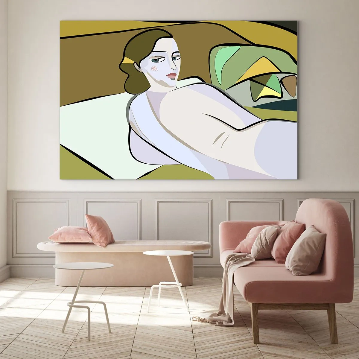 Quadro em vidro - Silhueta feminina em estilo abstrato com fundo geométrico - 70x50cm - Retrato íntimo - Decoração de parede moderna para a sala de estar e quarto ARTTOR