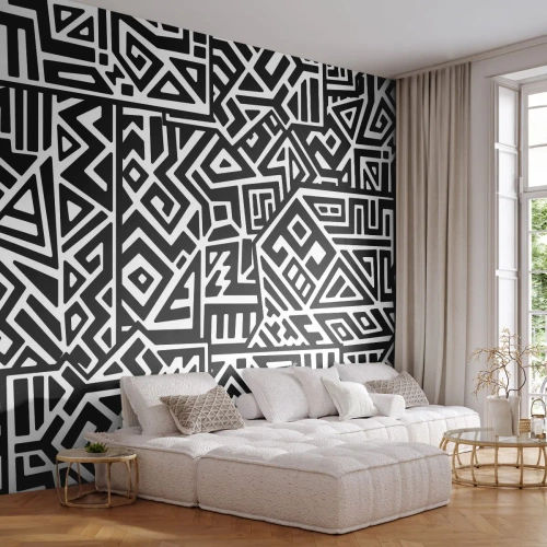 Papel de Parede Premium Sand - Composição pré-colombiana - Abstração, Pedaço, Preto e branco - 450x315 cm