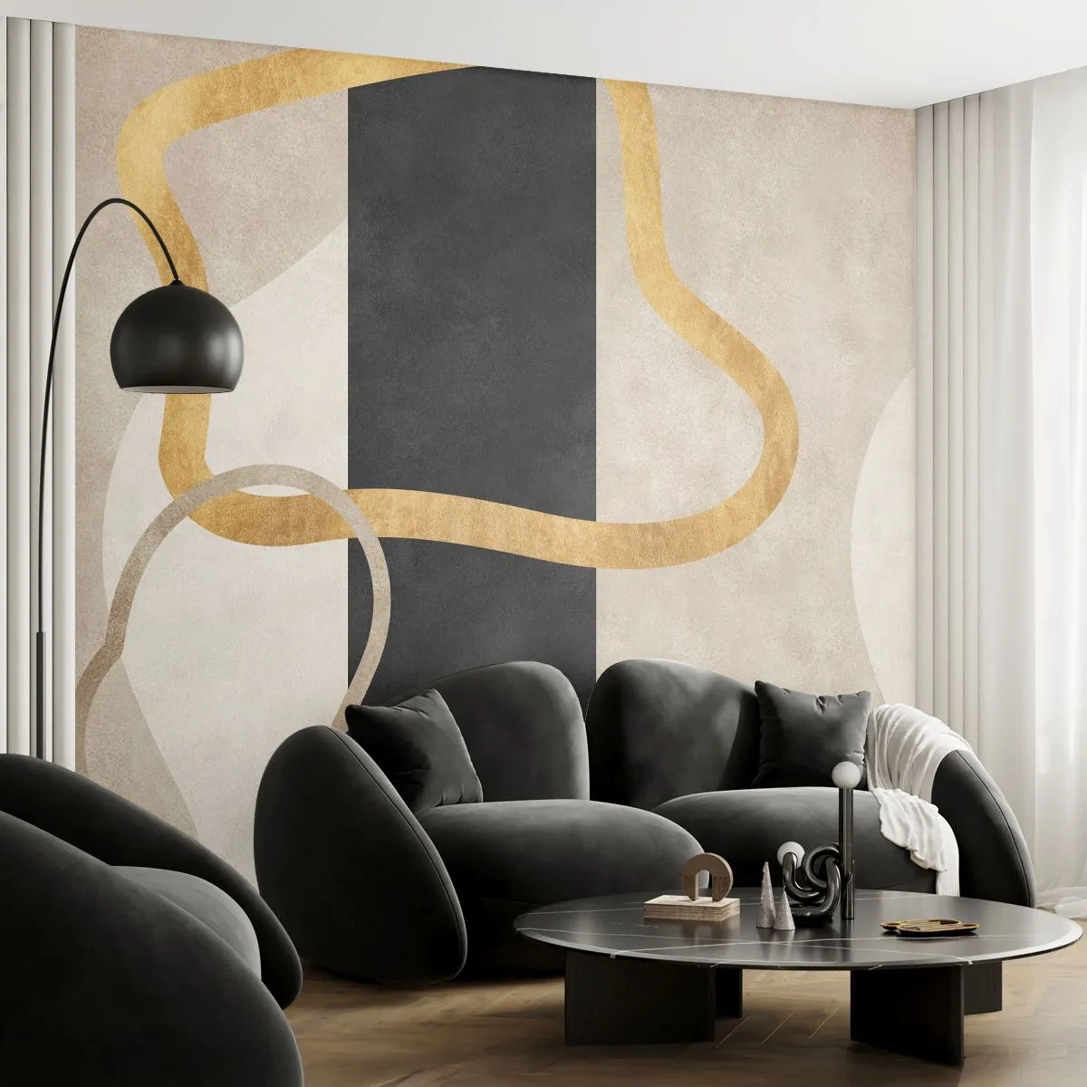 Papel de Parede Premium Sand - Formas em loop - Art Deco, Minimalismo, Abstracionismo - 100x70 cm