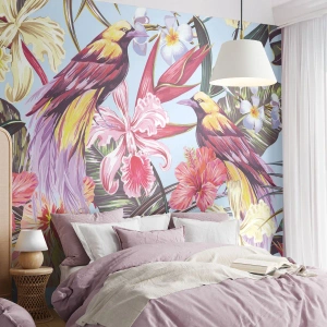 Papel de parede personalizado Adesivo Deluxe Sticker - Pétalas e penas - Pássaro, Flores, Jardim