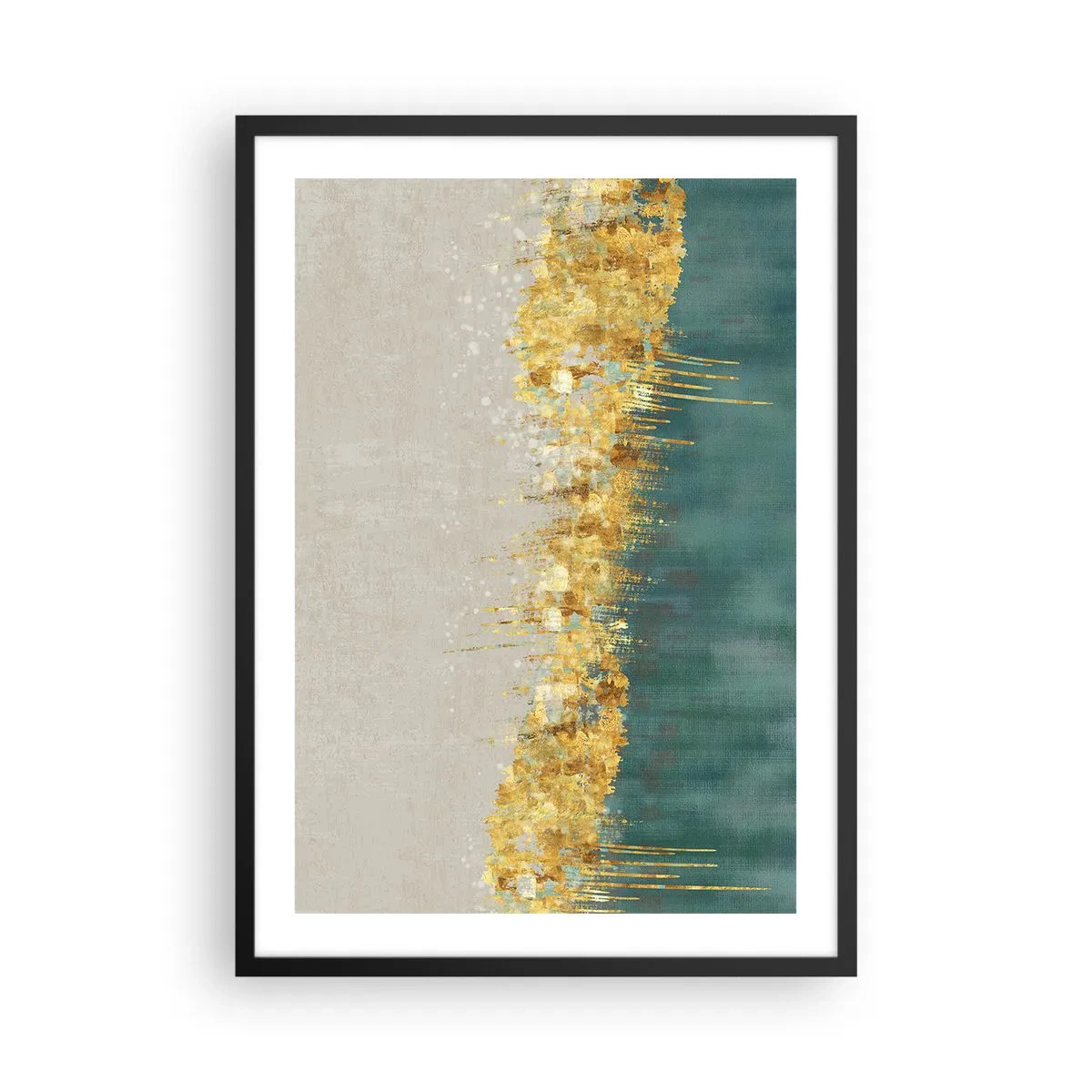 Pôster com moldura preta - Uma composição abstrata de dourado, bege e verde - 50x70cm - A fronteira dourada - Decoração de parede moderna para a sala de estar e quarto ARTTOR