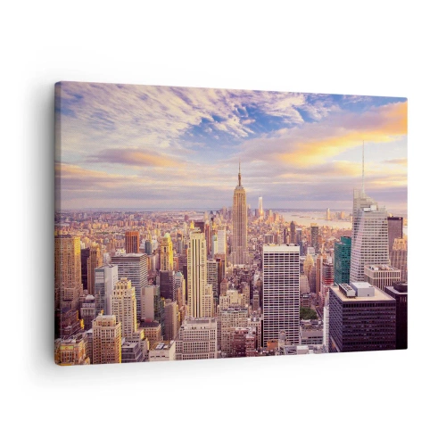 Quadro em tela - Panorama de uma cidade moderna com arranha-céus ao pôr do sol - 70x50cm - Alcançar as nuvens - Decoração de parede moderna para a sala de estar e quarto ARTTOR