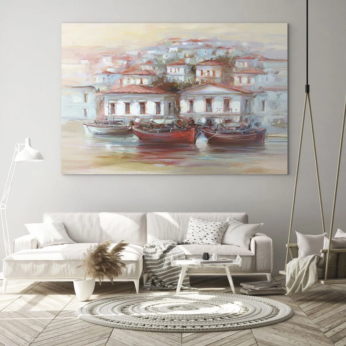 Quadro em vidro - Uma cidade pitoresca com barcos no porto ao pôr do sol - 70x50cm - Cidade feliz - Decoração de parede moderna para a sala de estar e quarto ARTTOR
