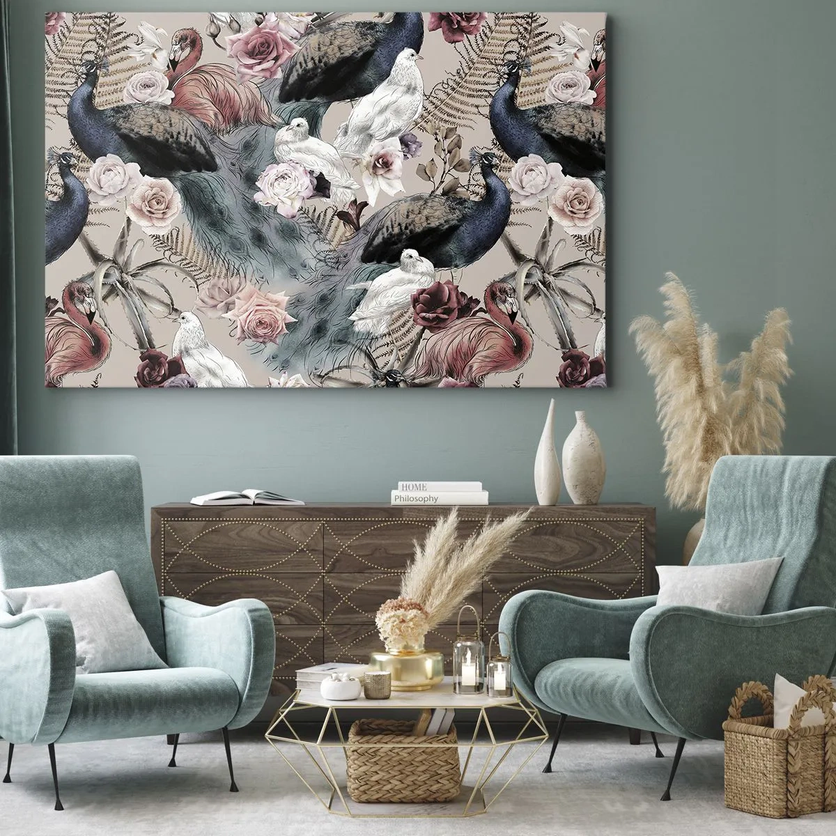 Quadro em tela - Uma paisagem com penas de pavão, rosas e pássaros em um estilo romântico. - 70x50cm - No jardim do palácio - Decoração de parede moderna para a sala de estar e quarto ARTTOR