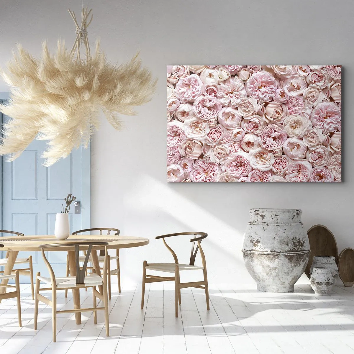 Quadro em tela - Rosas delicadas em tons de rosa por toda a superfície - 70x50cm - Uma cama de rosas - Decoração de parede moderna para a sala de estar e quarto ARTTOR