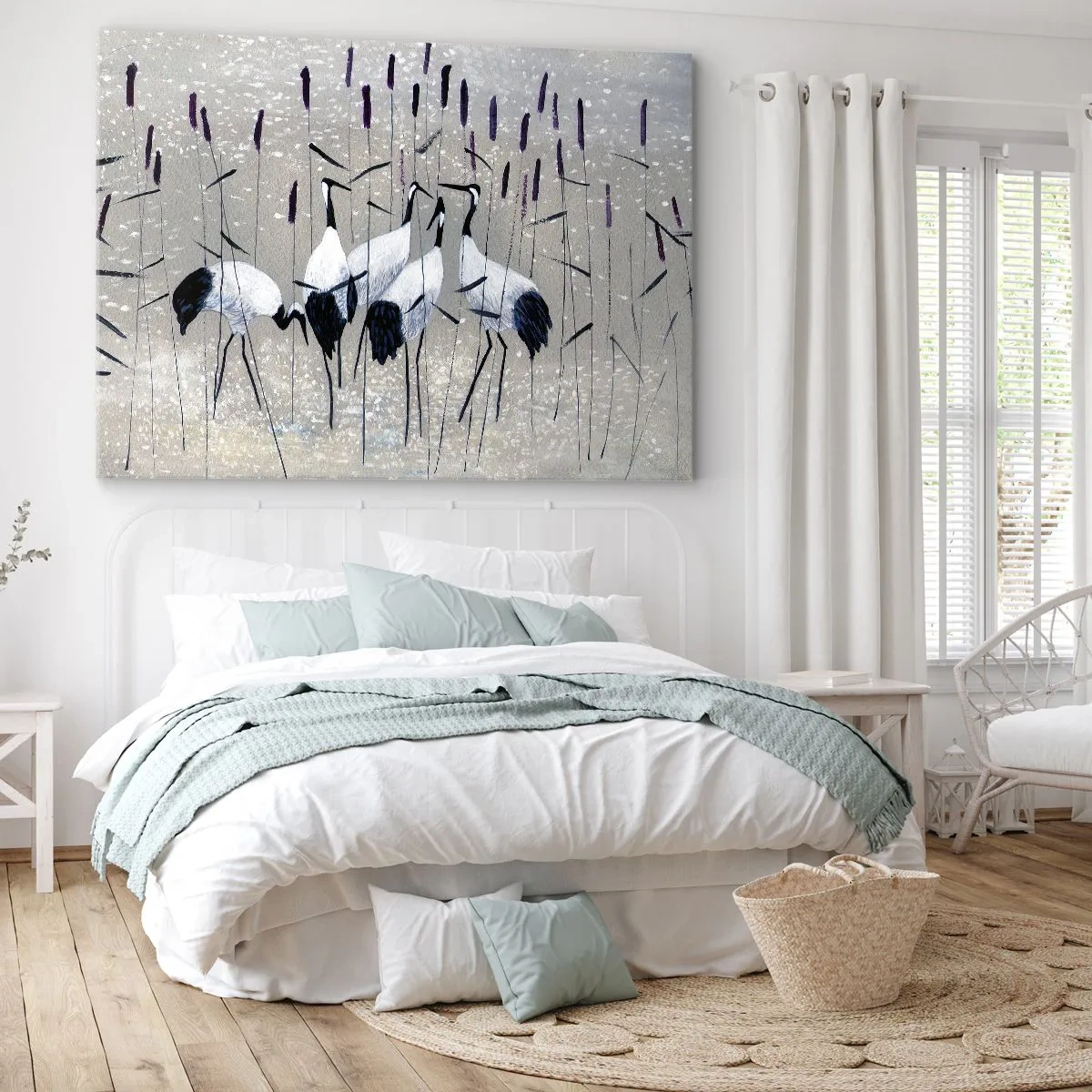 Quadro em tela - Garças na grama em um cenário tranquilo - 70x50cm - Entre os seus - Decoração de parede moderna para a sala de estar e quarto ARTTOR