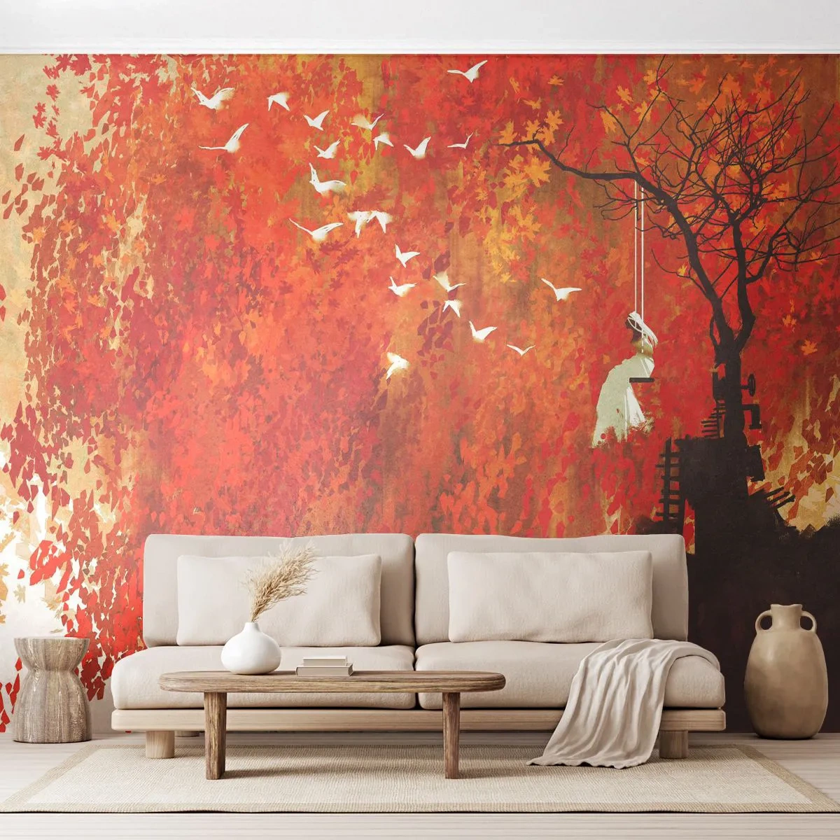 Papel de Parede Autocolante Deluxe Sticker - Será que vai voar com eles? - Abstração, Mulher, Pássaros - 200x140 cm