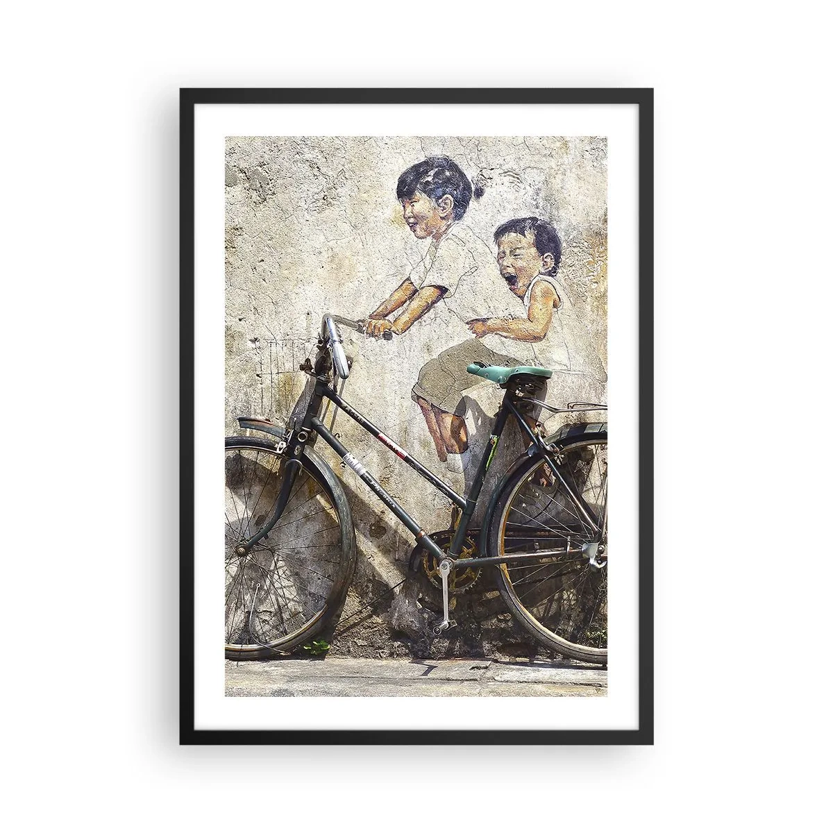 Pôster com moldura preta - Um mural de arte de rua com crianças em uma bicicleta - 50x70cm - Verdadeiro ou falso? - Decoração de parede moderna para a sala de estar e quarto ARTTOR
