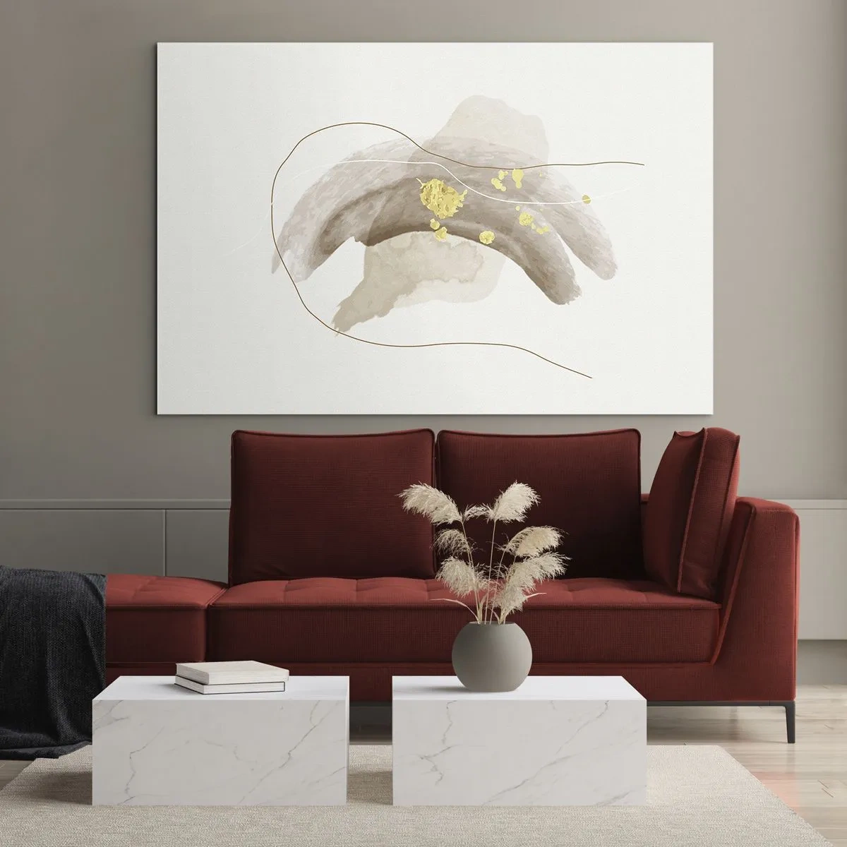 Quadro em vidro - Abstração bege e dourada com linhas e formas delicadas - 70x50cm - Encontrado no espaço - Decoração de parede moderna para a sala de estar e quarto ARTTOR