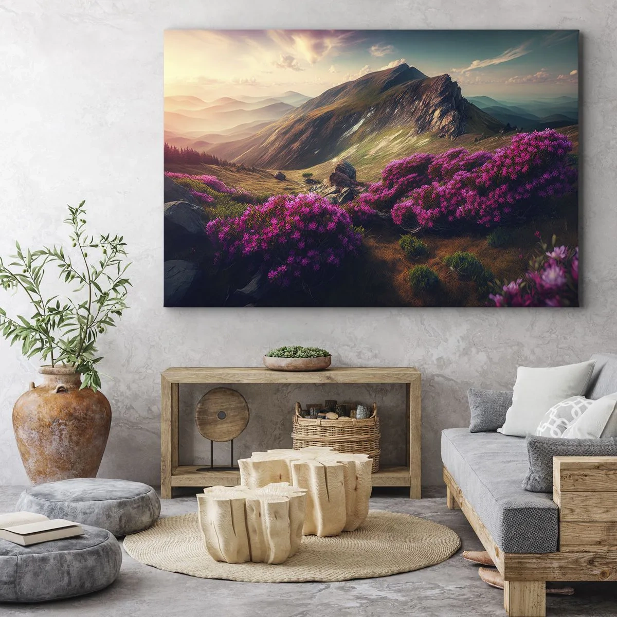 Quadro em tela - Paisagem montanhosa com rododendros em flor - 70x50cm - Verão nas montanhas - Decoração de parede moderna para a sala de estar e quarto ARTTOR