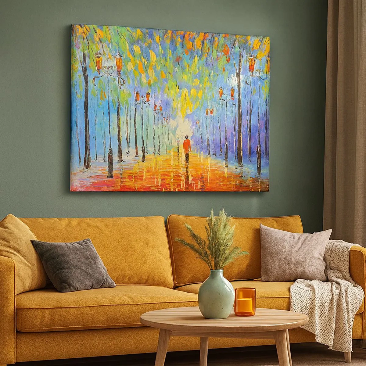 Quadro em tela - Um passeio pitoresco entre as lanternas em uma noite chuvosa - 70x50cm - Canto nocturno da chuva - Decoração de parede moderna para a sala de estar e quarto ARTTOR