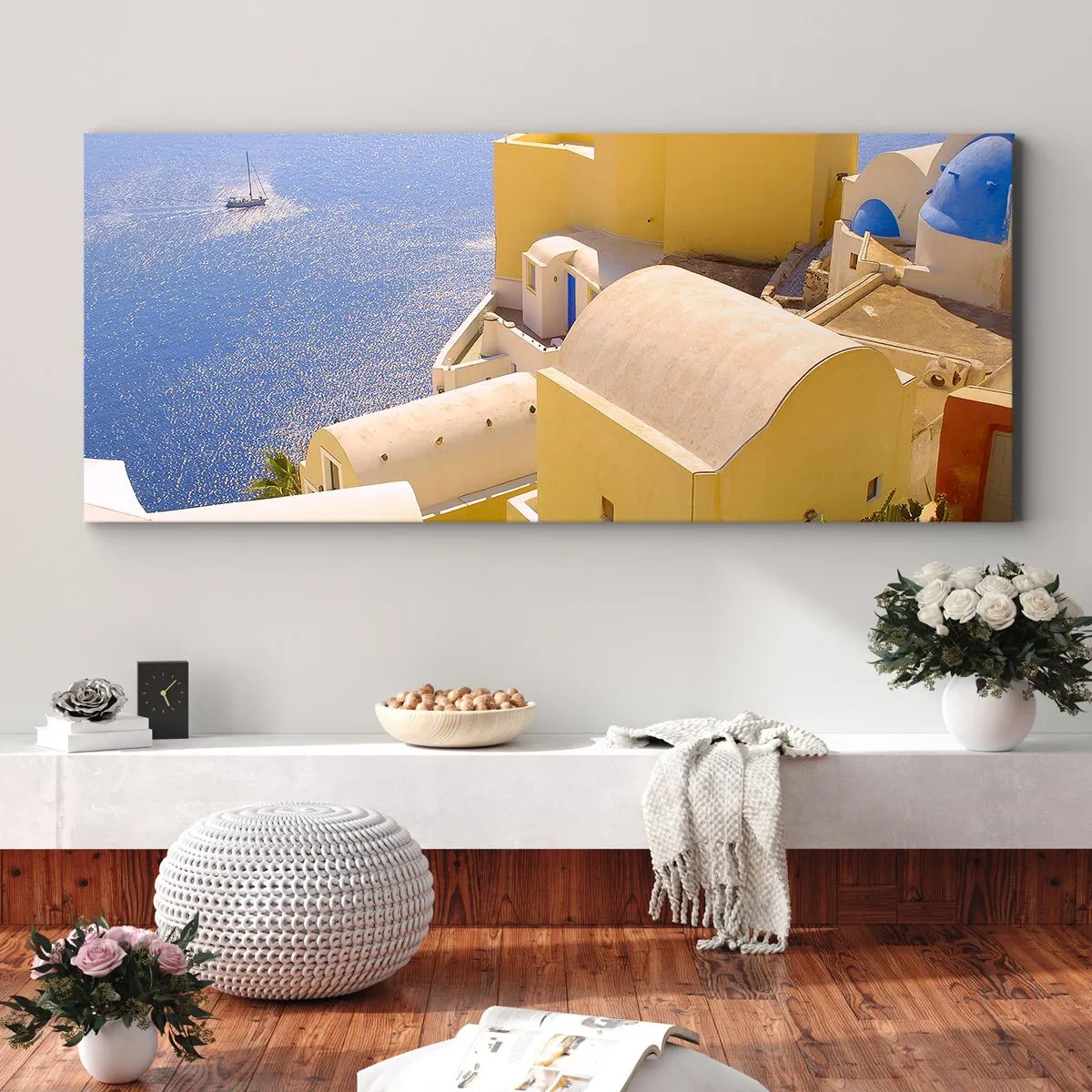 Quadro em tela - Paisagem grega em branco e azul - 160x50 cm