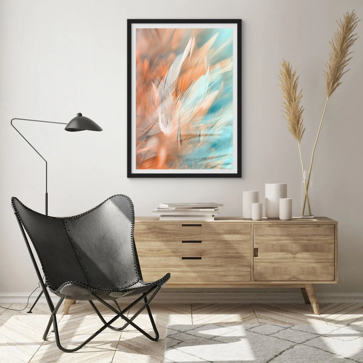 Pôster com moldura preta - Penas delicadas em tons de azul e pêssego - 50x70cm - Na terra da gentileza - Decoração de parede moderna para a sala de estar e quarto ARTTOR