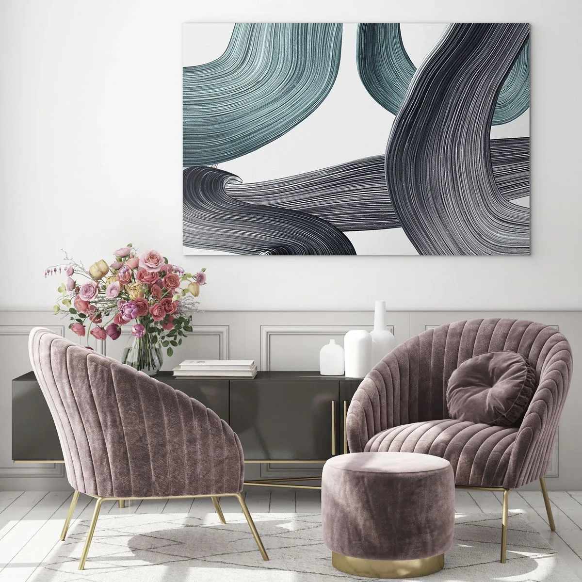 Quadro em vidro - Trilhas esmeralda e preta - 100x70 cm