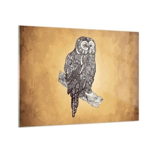 Quadro em vidro - Coruja de estilo ornamental em fundo sépia - 70x50cm - Ornamentos intrincados de sabedoria - Decoração de parede moderna para a sala de estar e quarto ARTTOR