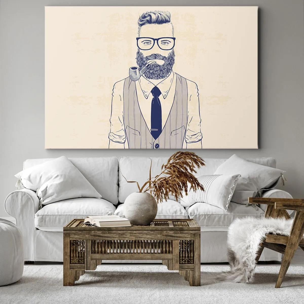 Quadro em tela - Homem estilizado com barba, cachimbo e óculos - 70x50cm - Alegre, masculino e elegante - Decoração de parede moderna para a sala de estar e quarto ARTTOR
