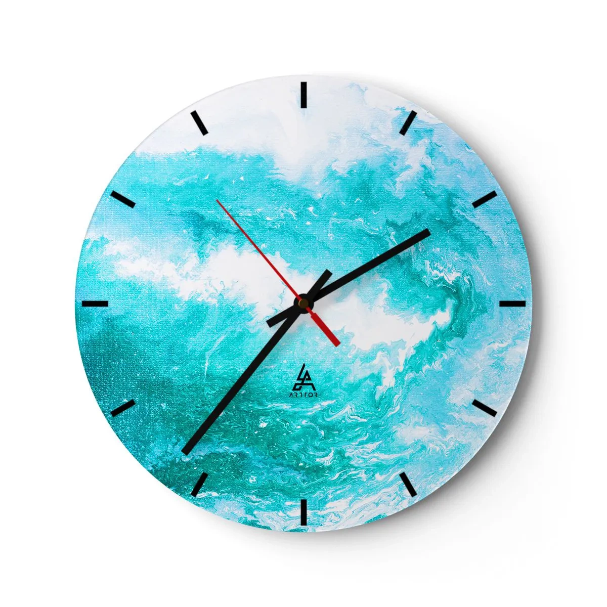 Relógio de parede - Relógio em vidro - Onda abstrata em tons de azul e turquesa - 30x30cm - No núcleo da água - Decoração de parede moderna para a sala de estar, cozinha e quarto ARTTOR