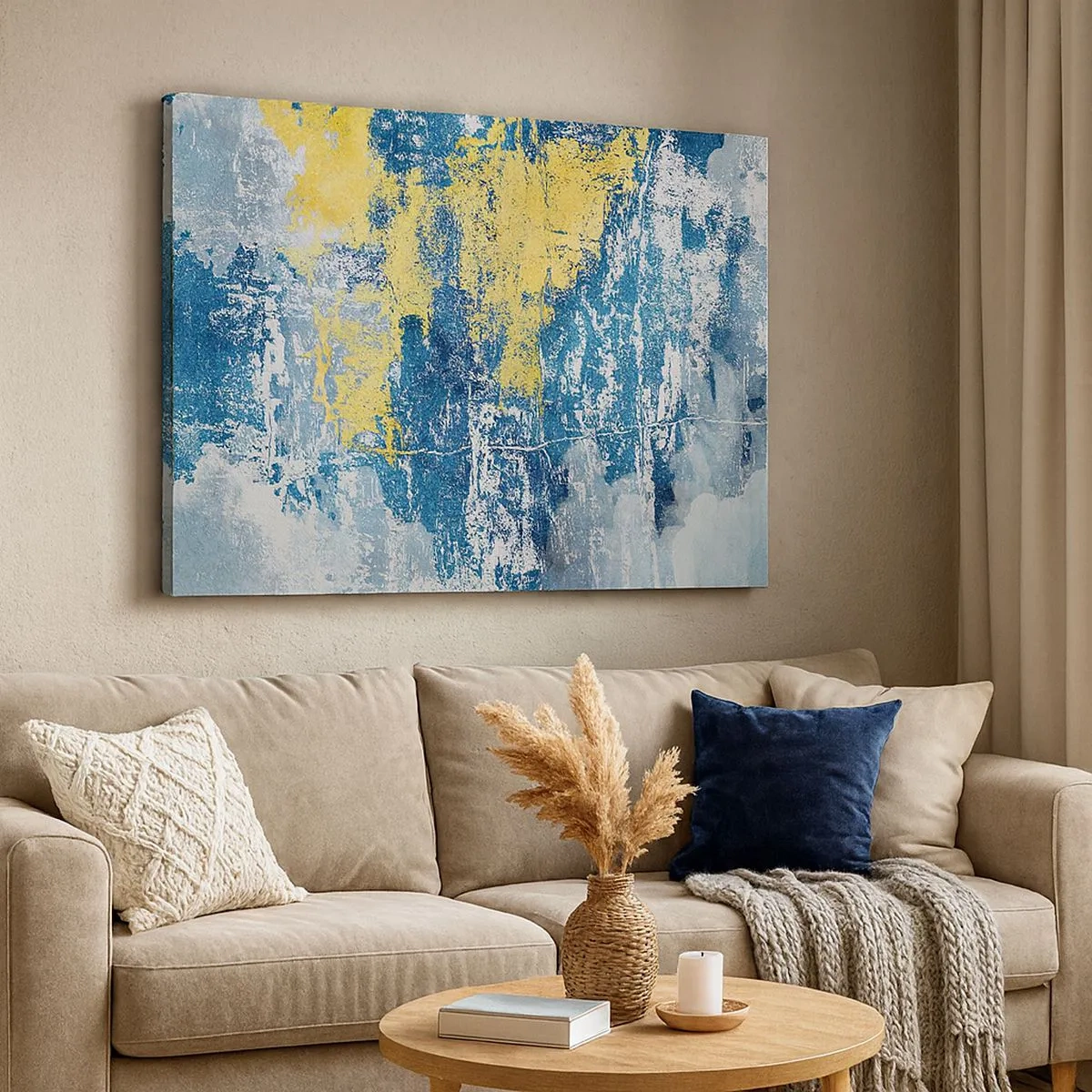 Quadro em tela - Abstração em tons de azul e amarelo - 70x50cm - Abstração cheia de clima - Decoração de parede moderna para a sala de estar e quarto ARTTOR