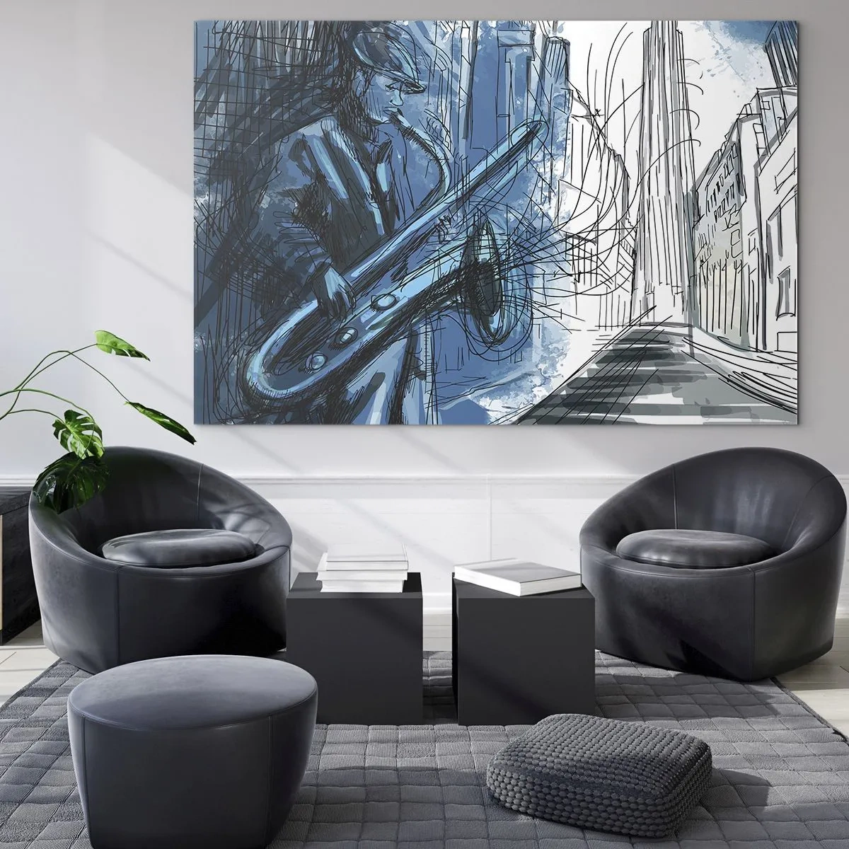 Quadro em vidro - Saxofonista de jazz em um ambiente urbano em tons de azul - 70x50cm - Rapsódia Urbana - Decoração de parede moderna para a sala de estar e quarto ARTTOR