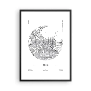 Pôster com moldura preta - Um mapa minimalista em preto e branco de Doha - 50x70cm - Anatomia de Doha - Decoração de parede moderna para a sala de estar e quarto ARTTOR