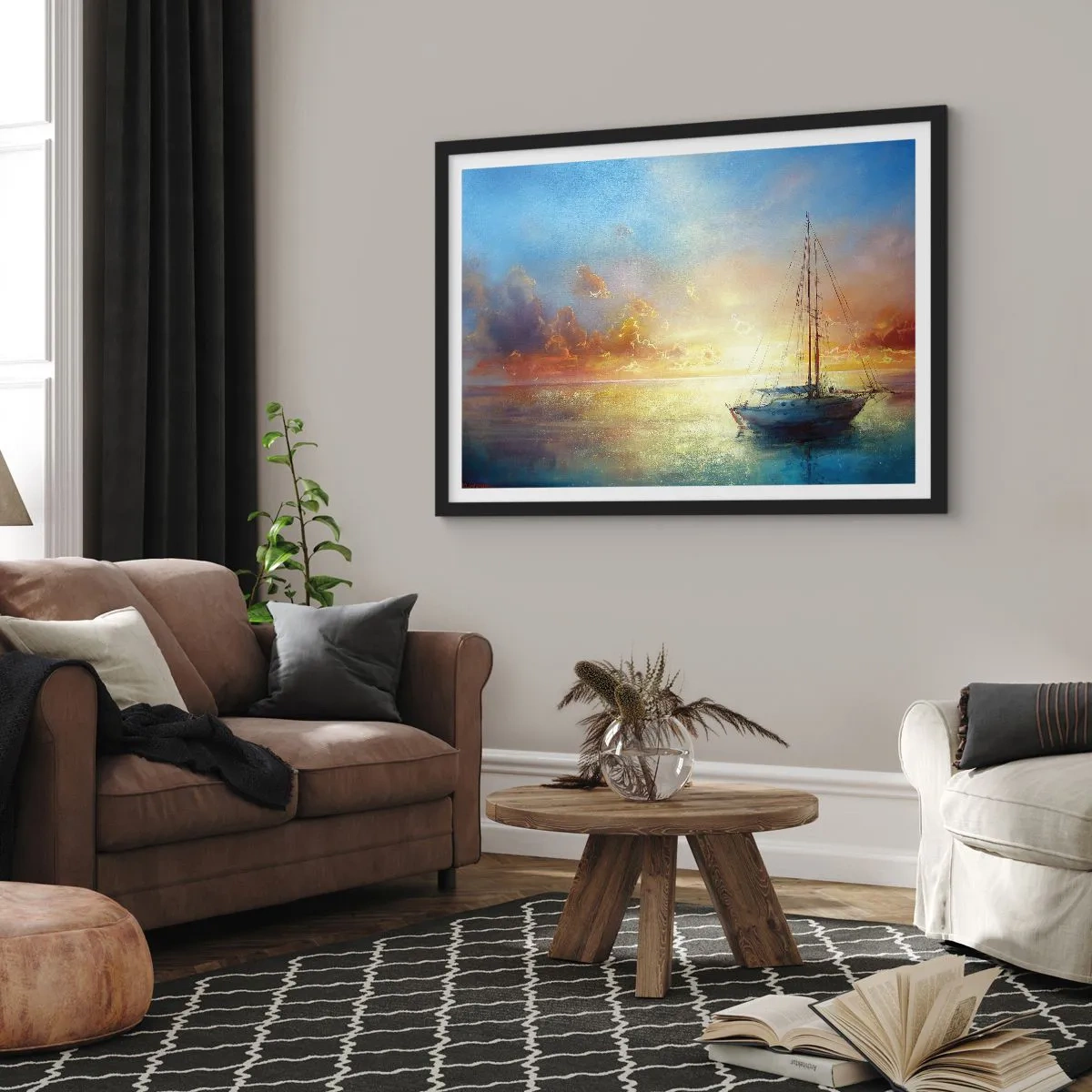 Pôster com moldura preta - Na baía dourada - 100x70 cm