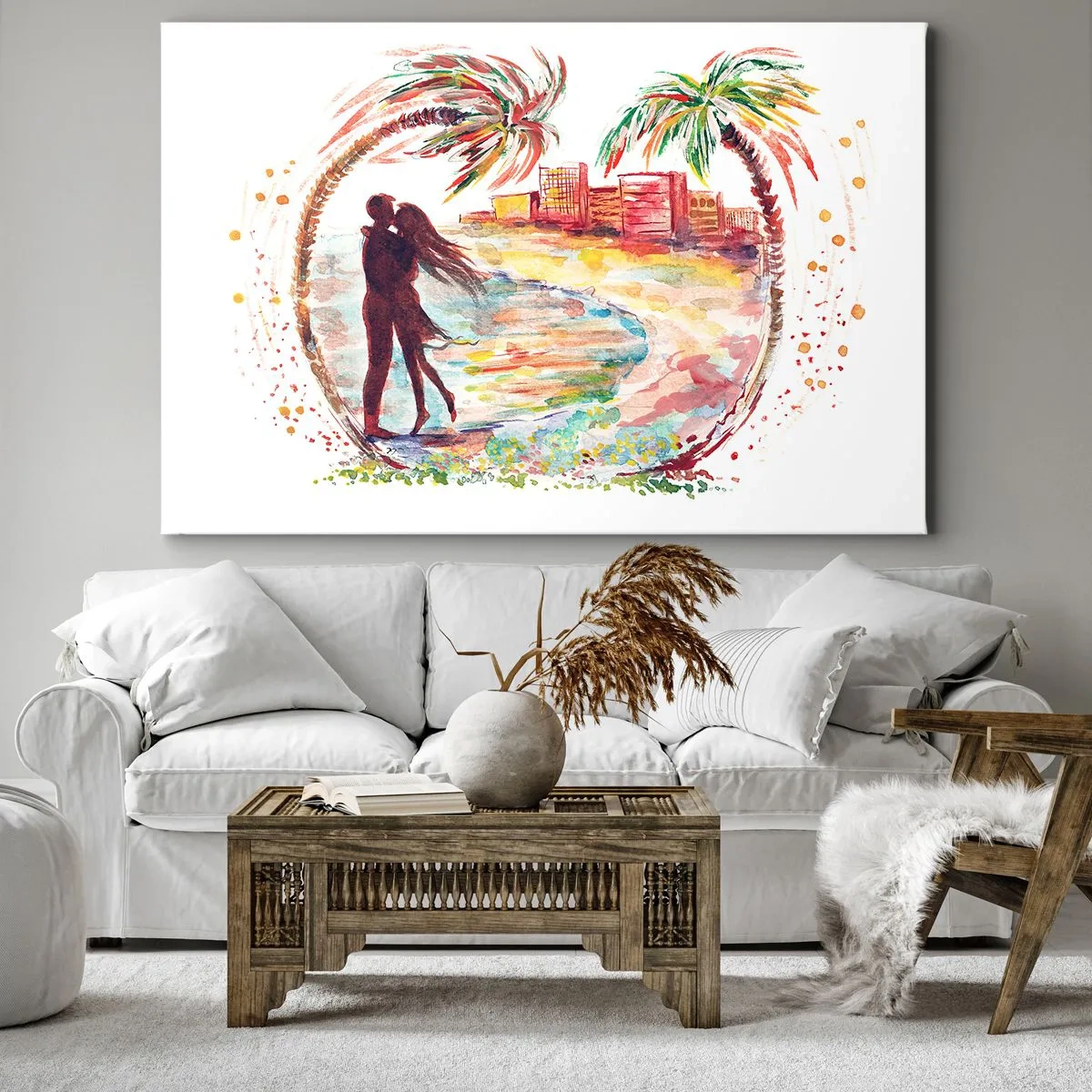 Quadro em tela - Cena romântica de casal em uma praia com palmeiras em aquarela - 70x50cm - Férias românticas - Decoração de parede moderna para a sala de estar e quarto ARTTOR