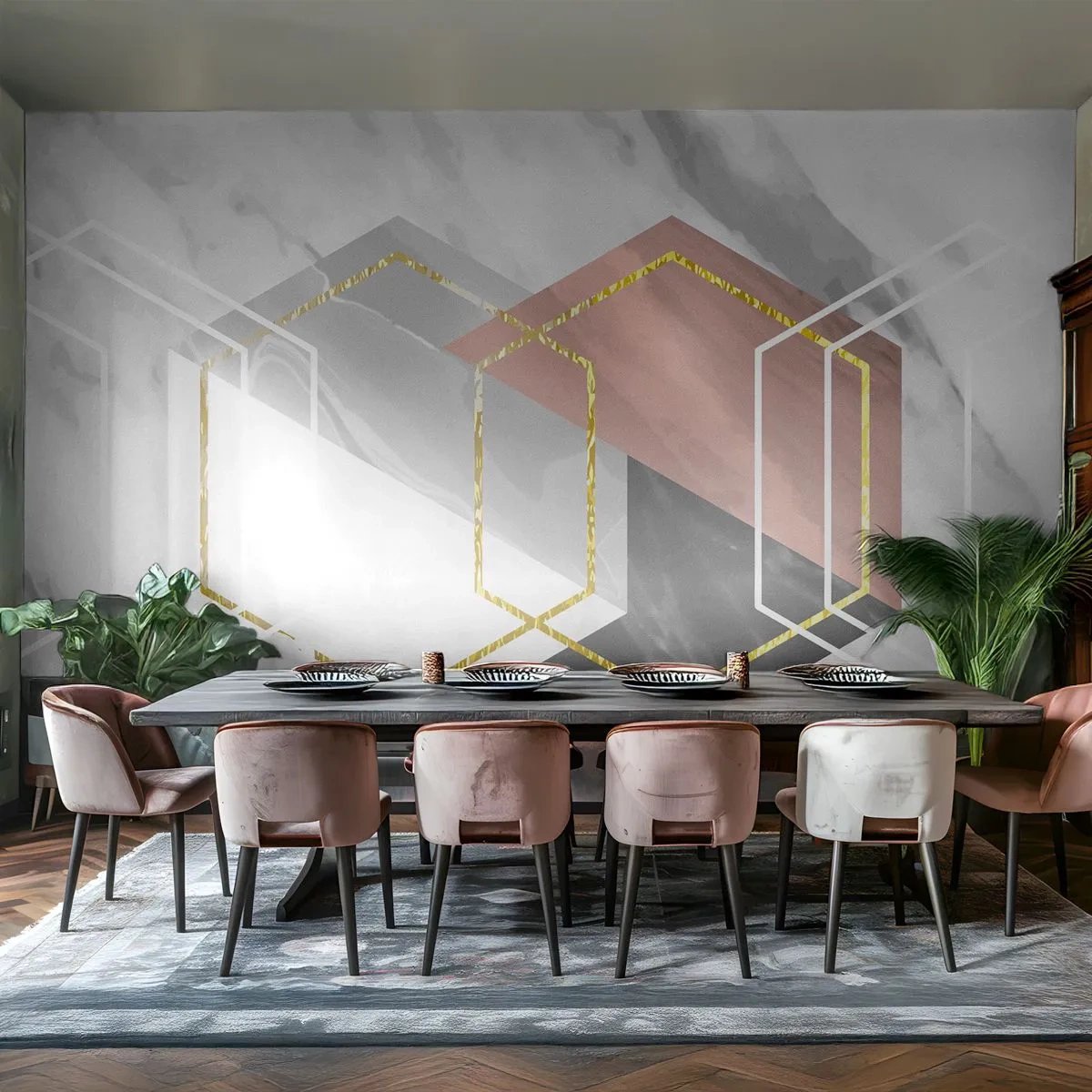 Papel de Parede Autocolante Deluxe Sticker - Composição em cadeia - Abstração, Pedaço, Hexágono - 150x105 cm