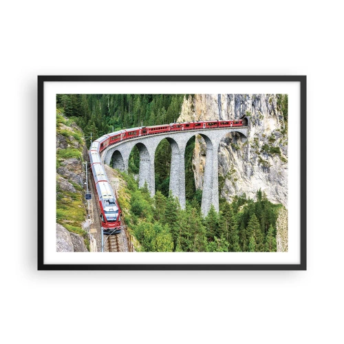 Pôster com moldura preta - Linha férrea com vista para a montanha - 70x50 cm