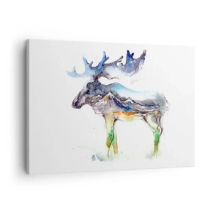 Quadro em tela - Silhueta em aquarela de um alce com uma paisagem montanhosa - 70x50cm - O herói do conto de inverno - Decoração de parede moderna para a sala de estar e quarto ARTTOR