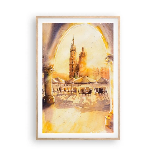 Pôster com moldura de carvalho claro - Pôr do sol na praça do mercado de Cracóvia - 61x91 cm