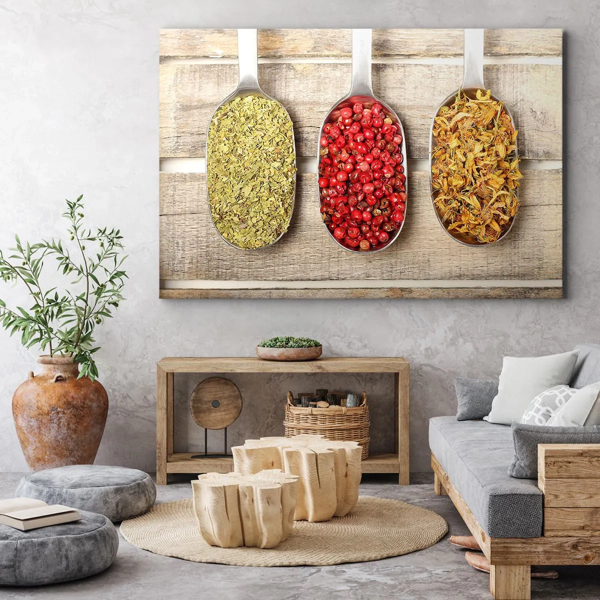 Quadro em tela - Três colheres de metal com especiarias em um fundo de madeira - 70x50cm - Magia da cozinha - Decoração de parede moderna para a sala de estar e quarto ARTTOR