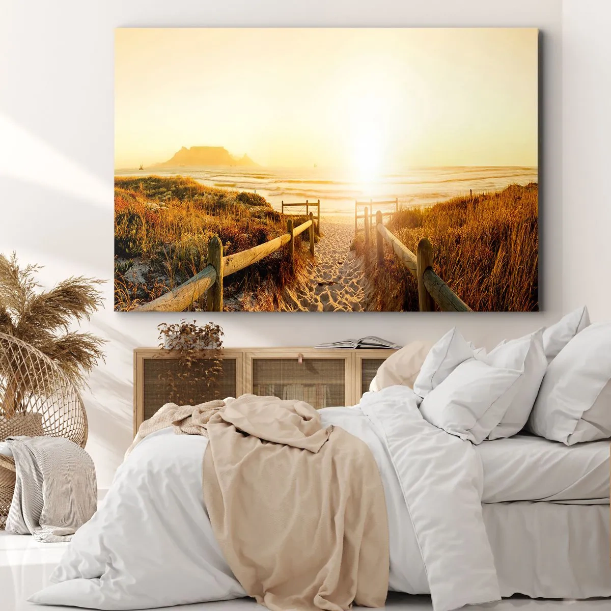 Quadro em tela - Caminho para a praia durante um pôr do sol dourado - 70x50cm - Pelaa duna, em direção ao sol - Decoração de parede moderna para a sala de estar e quarto ARTTOR