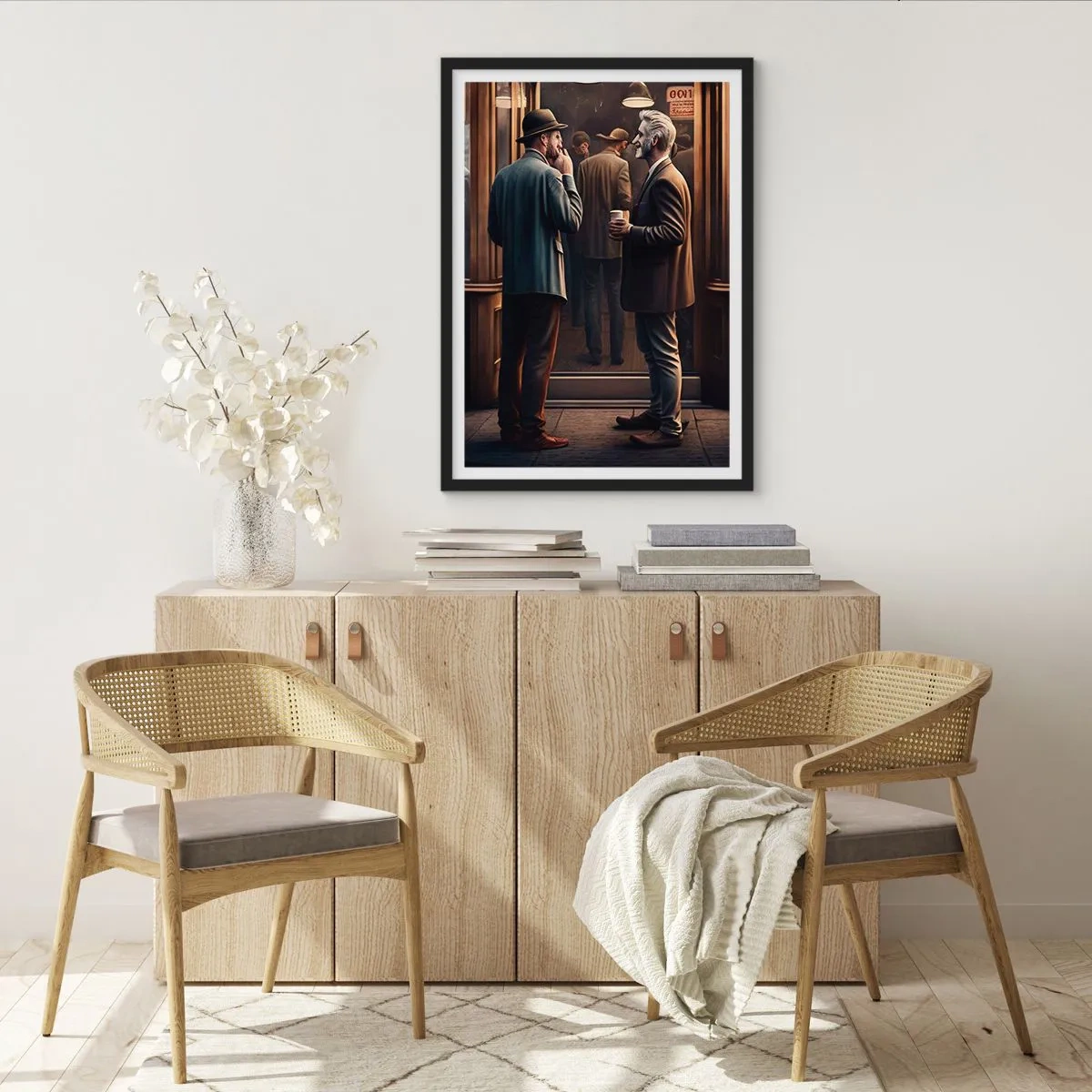 Pôster com moldura preta - Dois homens elegantes conversando em frente a um café - 50x70cm - Boa hora do dia - Decoração de parede moderna para a sala de estar e quarto ARTTOR