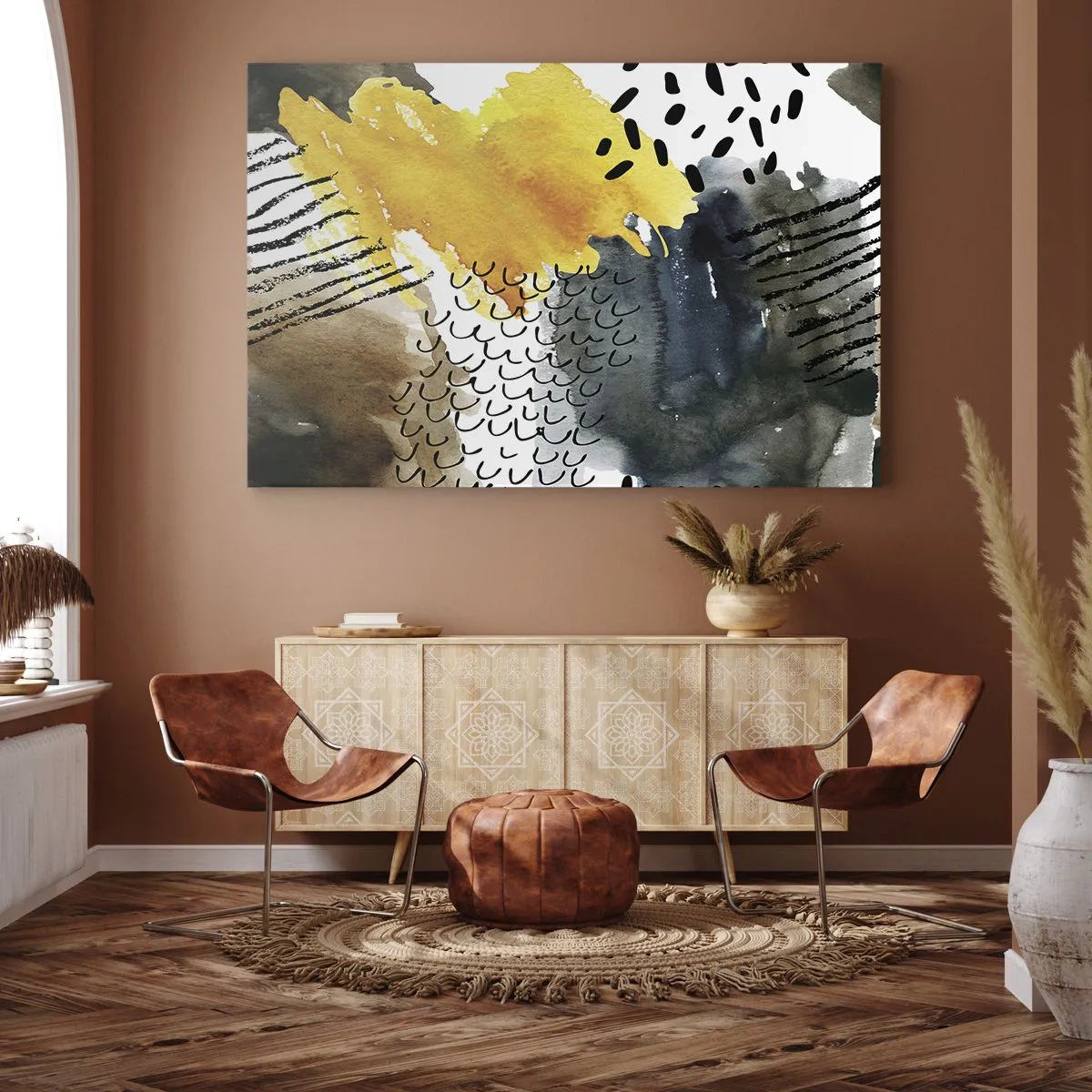 Quadro em tela - Uma composição abstrata com detalhes em amarelo e padrões gráficos. - 70x50cm - Reunião dos elementos da natureza - Decoração de parede moderna para a sala de estar e quarto ARTTOR