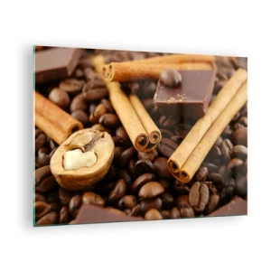 Quadro em vidro - Close-up de café, canela, chocolate e nozes - 70x50cm - Concerto de aromas - Decoração de parede moderna para a sala de estar e quarto ARTTOR