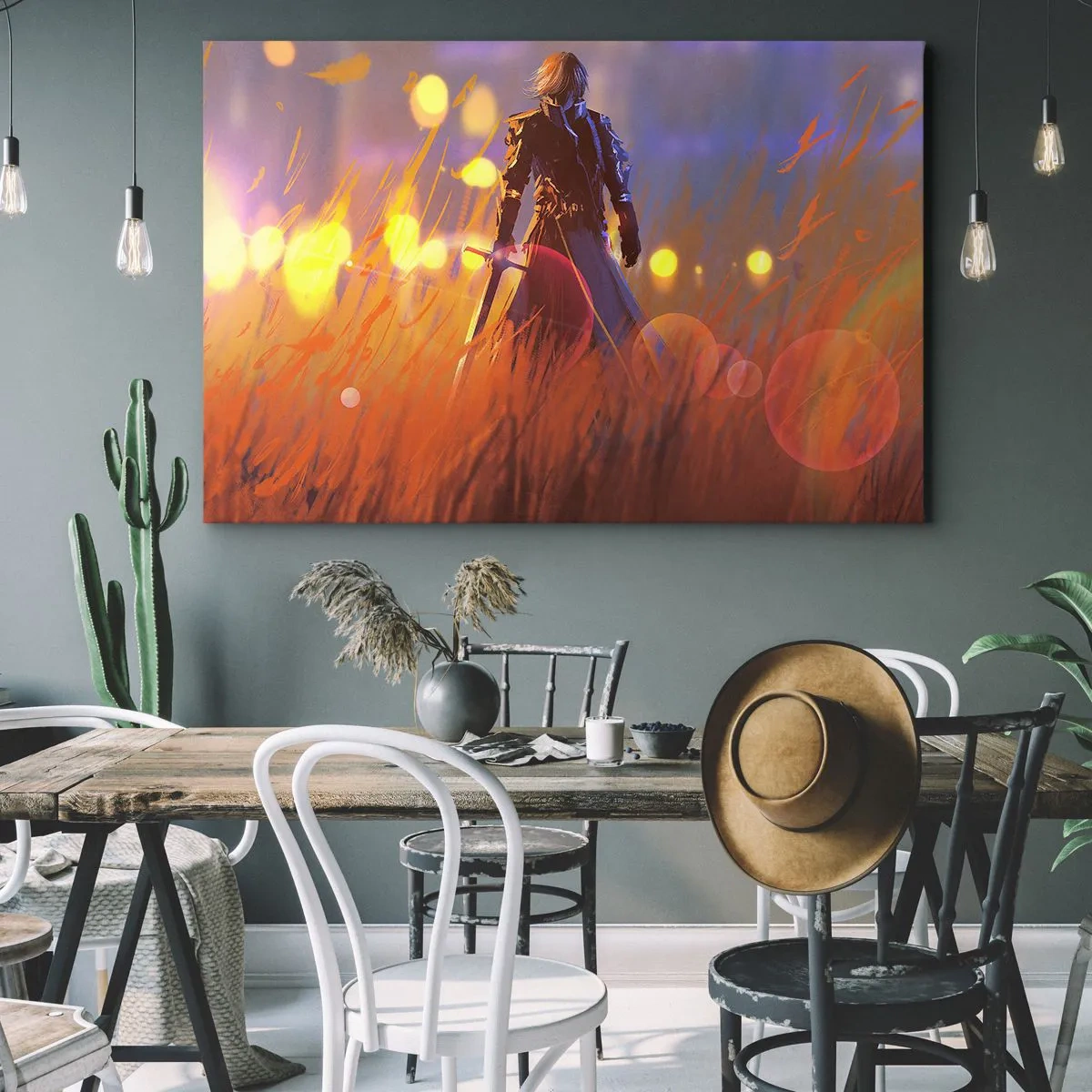 Quadro em tela - A figura de um cavaleiro à luz do pôr do sol em um campo - 70x50cm - Cavaleiro errante - Decoração de parede moderna para a sala de estar e quarto ARTTOR